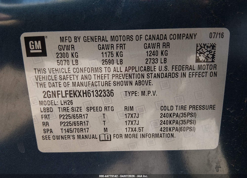 2017 CHEVROLET EQUINOX LT VIN: 2GNFLFEKXH6132336