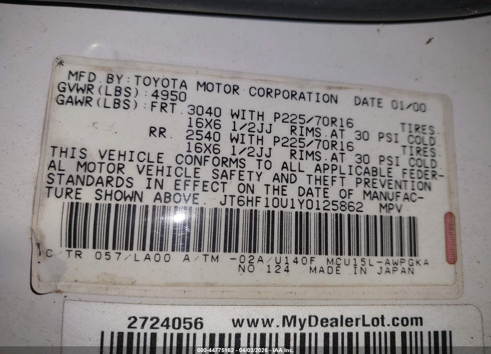 2000 LEXUS RX 300 VIN: JT6HF10U1Y0125862