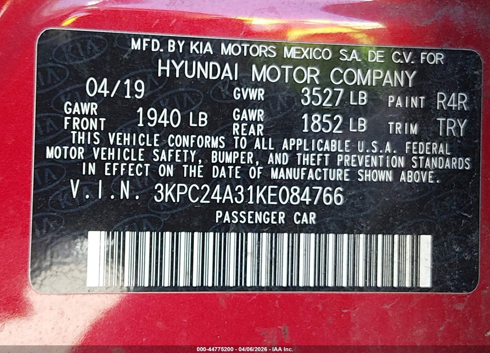 2019 HYUNDAI ACCENT SE VIN: 3KPC24A31KE084766