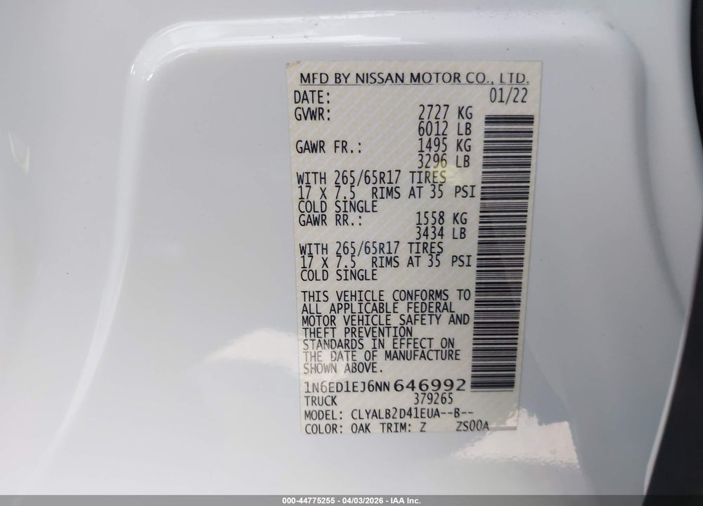 2022 NISSAN FRONTIER SV 4X2 VIN: 1N6ED1EJ6NN646992