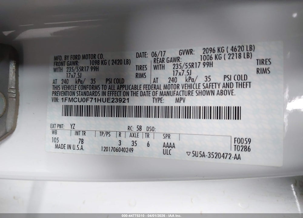 2017 FORD ESCAPE S VIN: 1FMCU0F71HUE23921