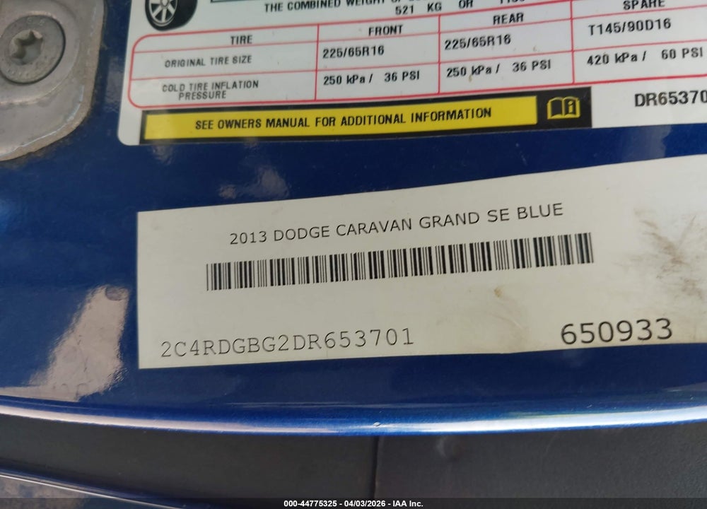 2013 DODGE GRAND CARAVAN AMERICAN VALUE PKG VIN: 2C4RDGBG2DR653701