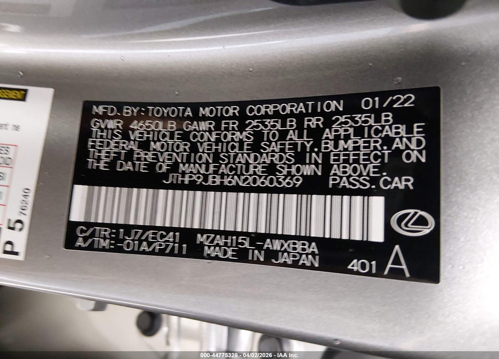 2022 LEXUS UX 250H VIN: JTHP9JBH6N2060369