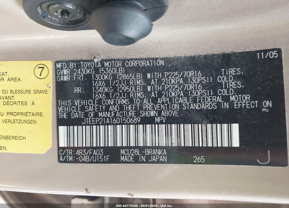 2006 TOYOTA HIGHLANDER V6 VIN: JTEEP21A160150689