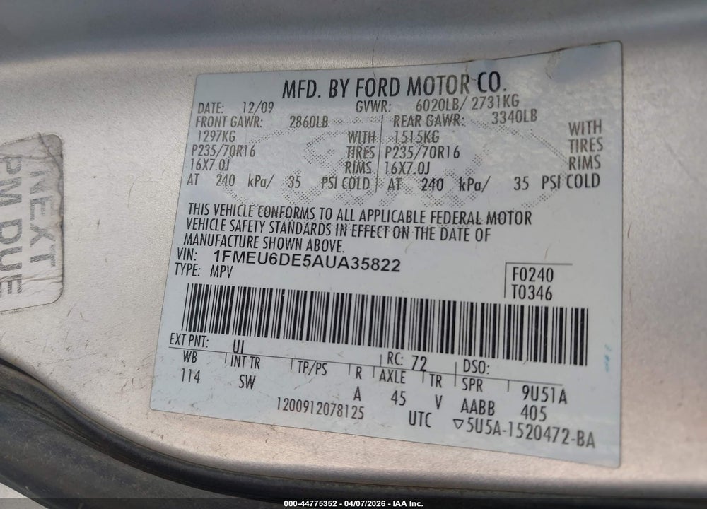 2010 FORD EXPLORER XLT VIN: 1FMEU6DE5AUA35822