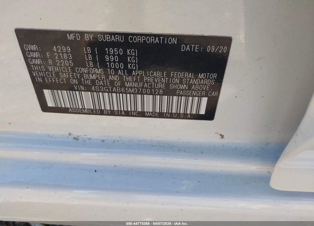 2021 SUBARU IMPREZA 5-DOOR VIN: 4S3GTAB65M3700128