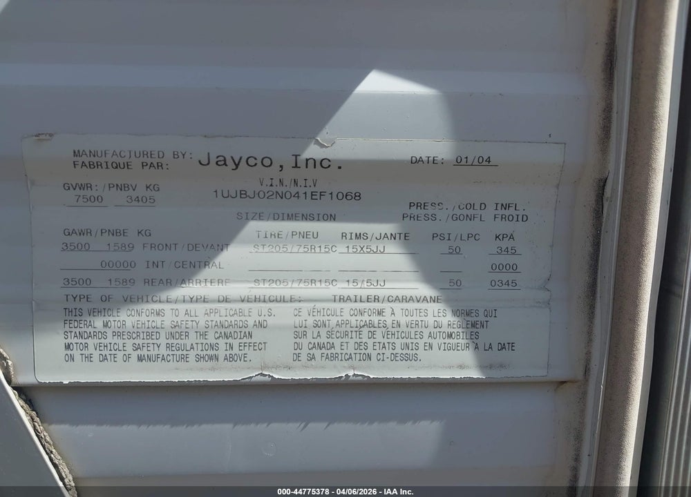 2007 JAYCO JAYFLIGHT 27BH VIN: 1UJBJ02N041EF1068