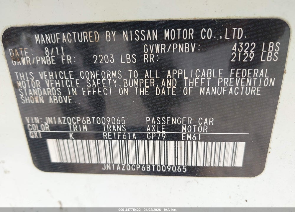 2011 NISSAN LEAF VIN: JN1AZ0CP6BT009065