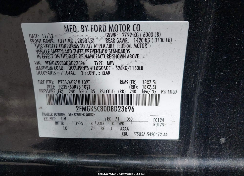 2013 FORD FLEX SEL VIN: 2FMGK5C80DBD23696