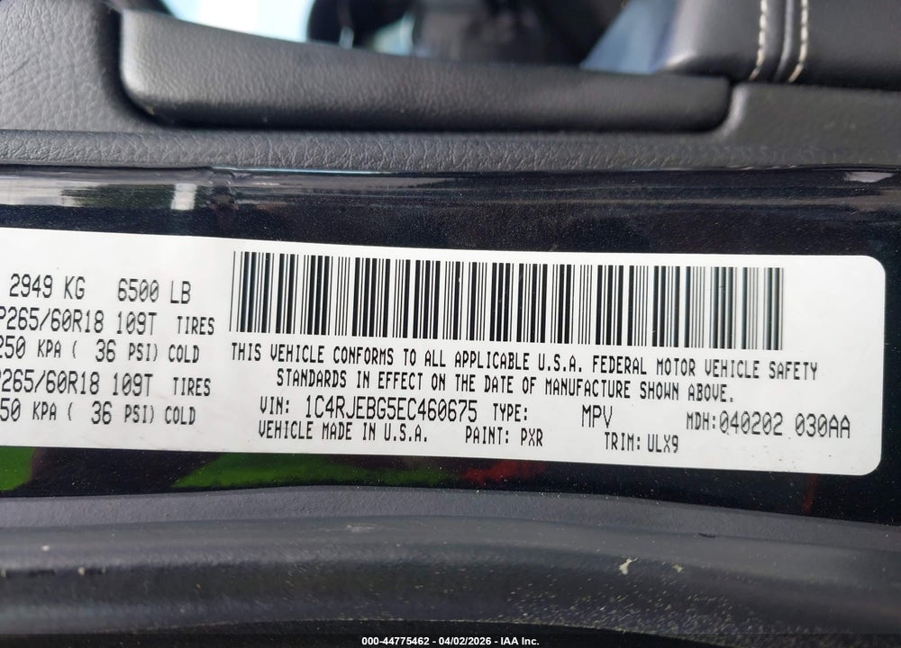 2014 JEEP GRAND CHEROKEE LIMITED VIN: 1C4RJEBG5EC460675