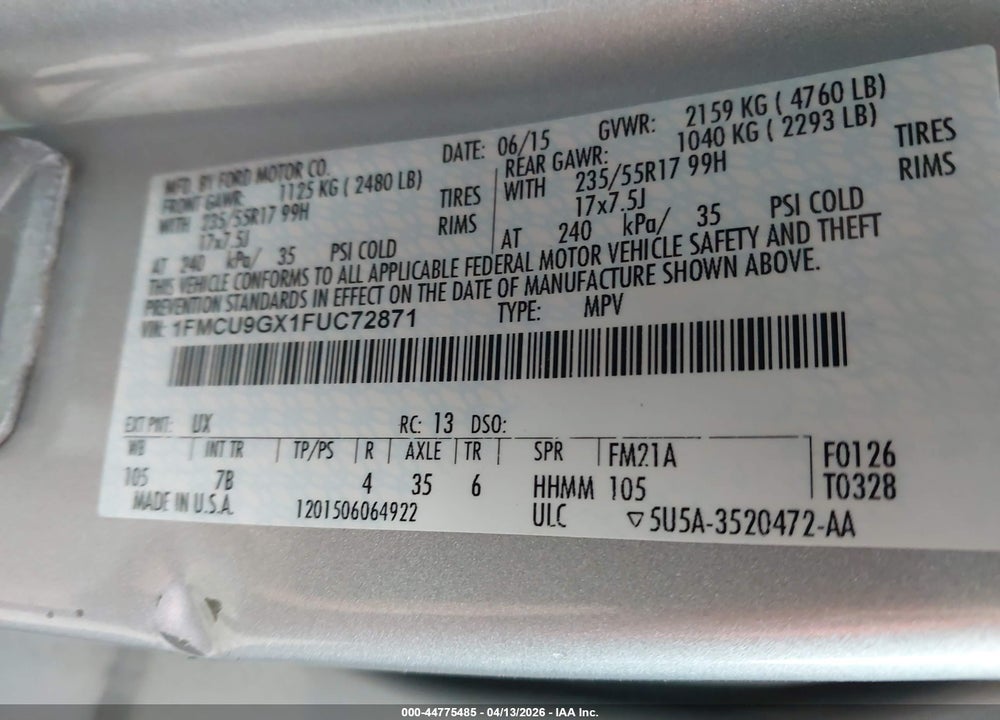 2015 FORD ESCAPE SE VIN: 1FMCU9GX1FUC72871