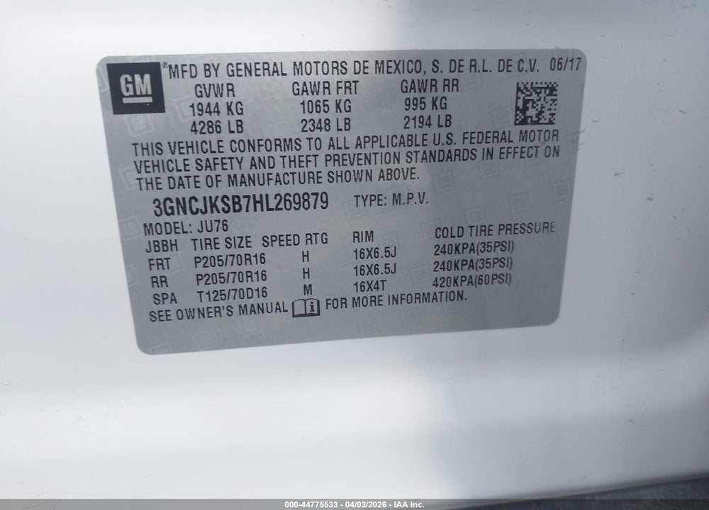 2017 CHEVROLET TRAX LS VIN: 3GNCJKSB7HL269879