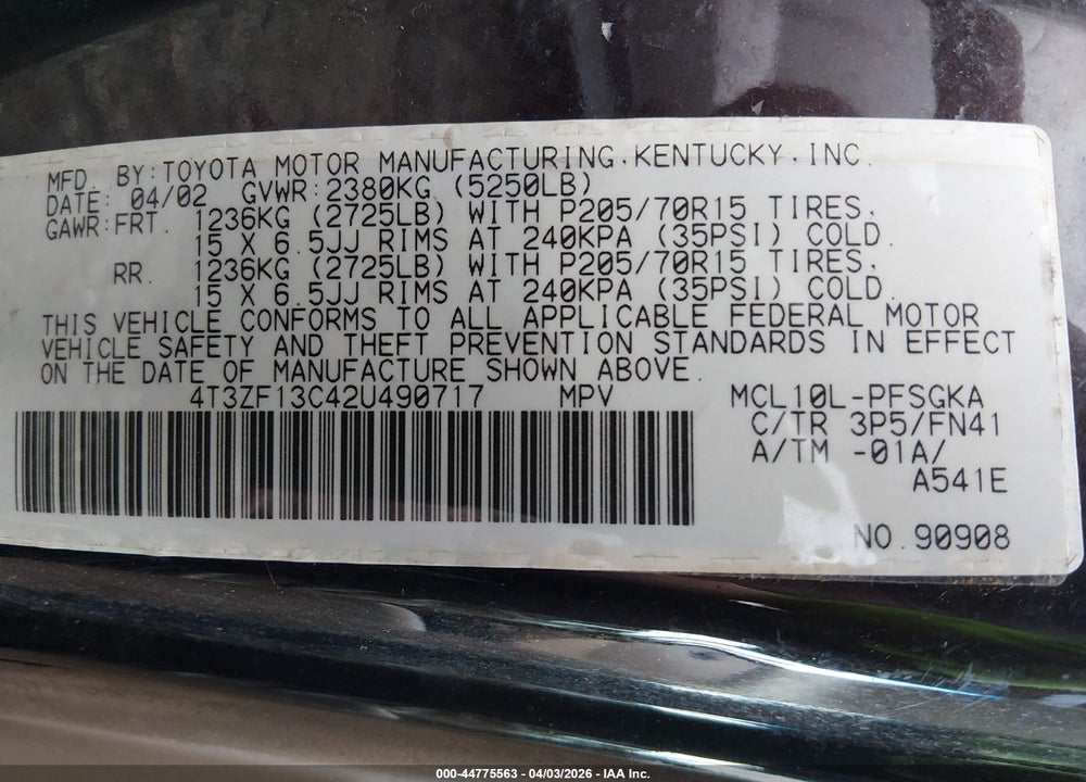 2002 TOYOTA SIENNA LE VIN: 4T3ZF13C42U490717