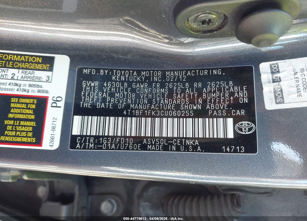 2012 TOYOTA CAMRY LE VIN: 4T1BF1FK3CU060255