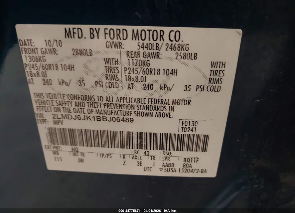 2011 LINCOLN MKX VIN: 2LMDJ6JK1BBJ06489