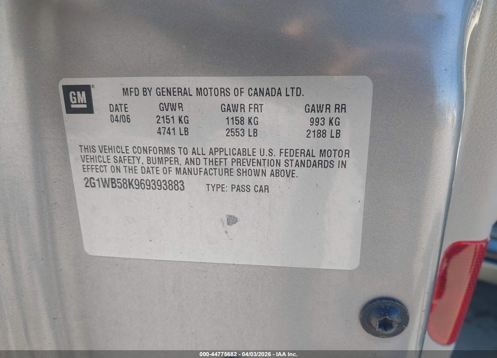 2006 CHEVROLET IMPALA LS VIN: 2G1WB58K969393883