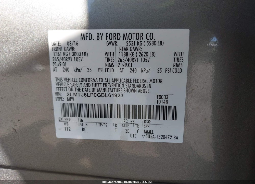 2016 LINCOLN MKX RESERVE VIN: 2LMTJ6LP0GBL61923