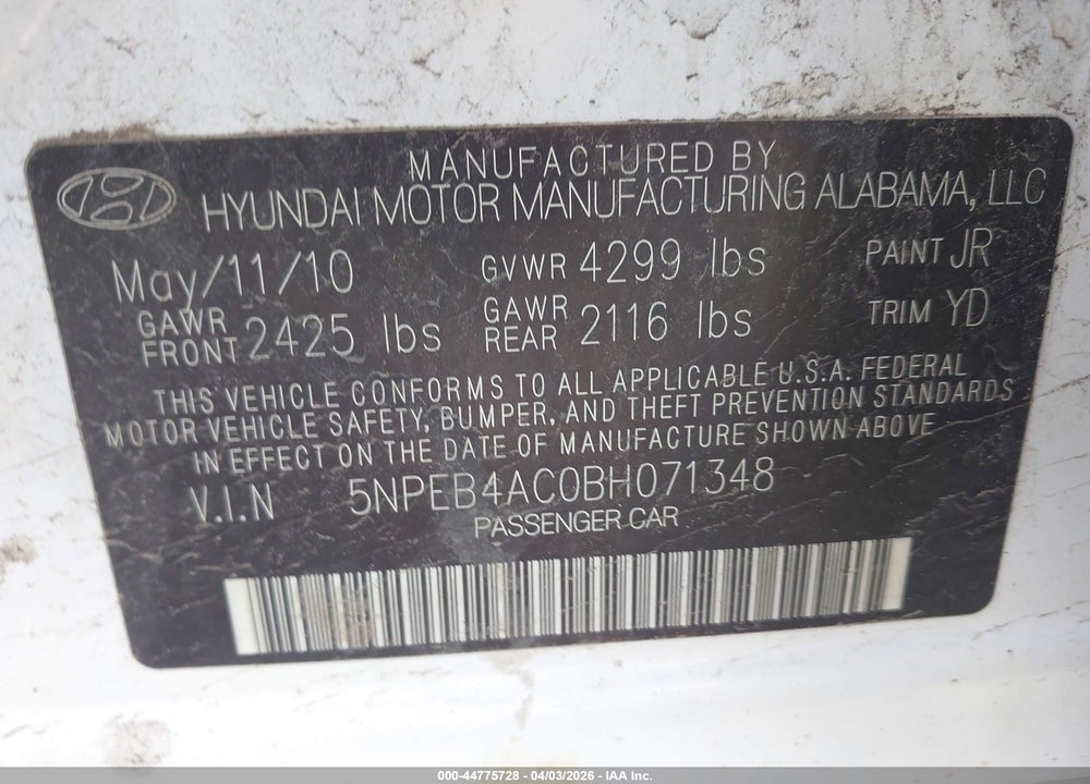 2011 HYUNDAI SONATA GLS VIN: 5NPEB4AC0BH071348