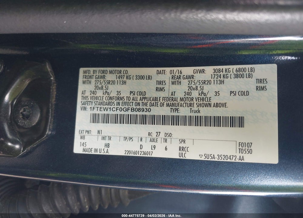 2016 FORD F-150 LARIAT VIN: 1FTEW1CF0GFB08930
