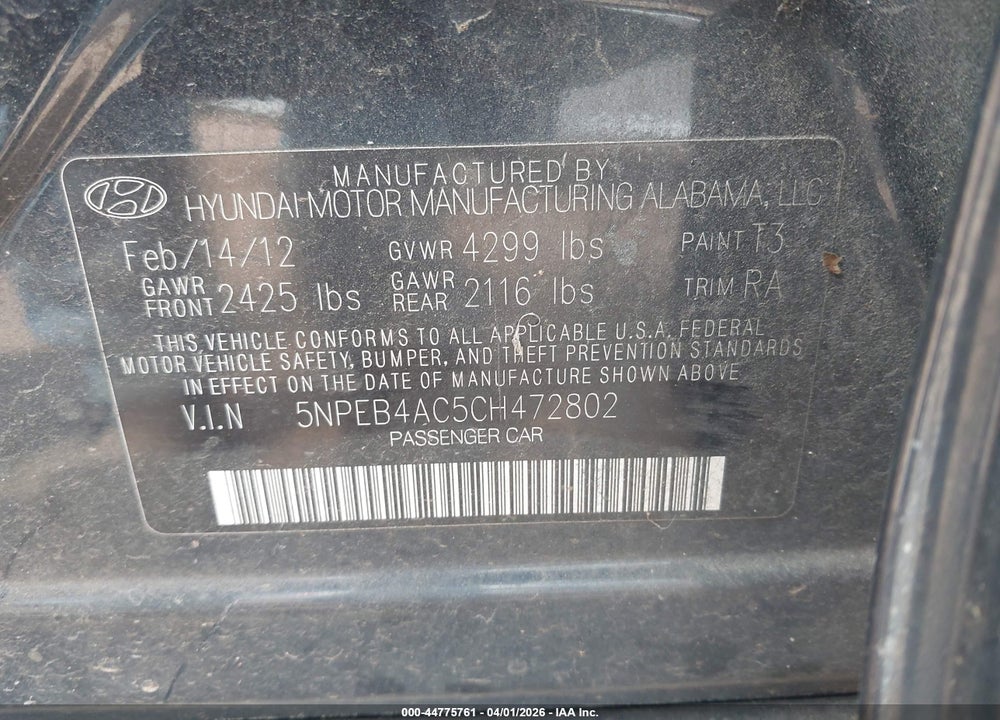 2012 HYUNDAI SONATA GLS VIN: 5NPEB4AC5CH472802