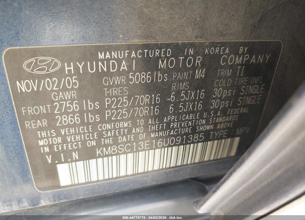 2006 HYUNDAI SANTA FE GLS/LIMITED VIN: KM8SC13E16U091385