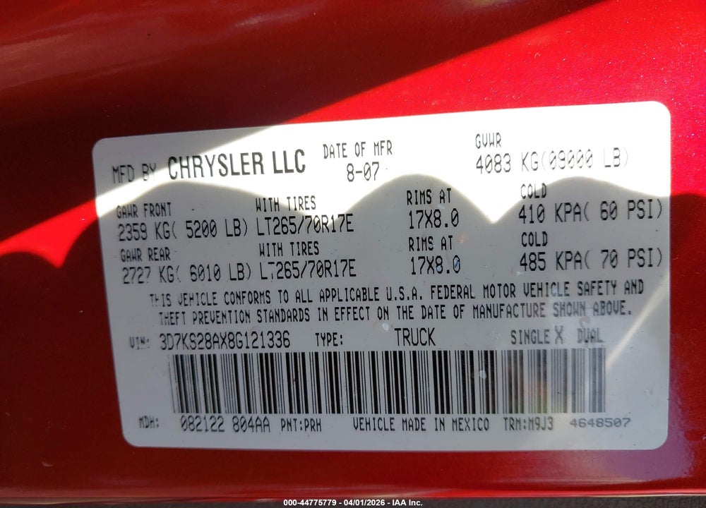 2008 DODGE RAM 2500 SLT/POWER WAGON VIN: 3D7KS28AX8G121336