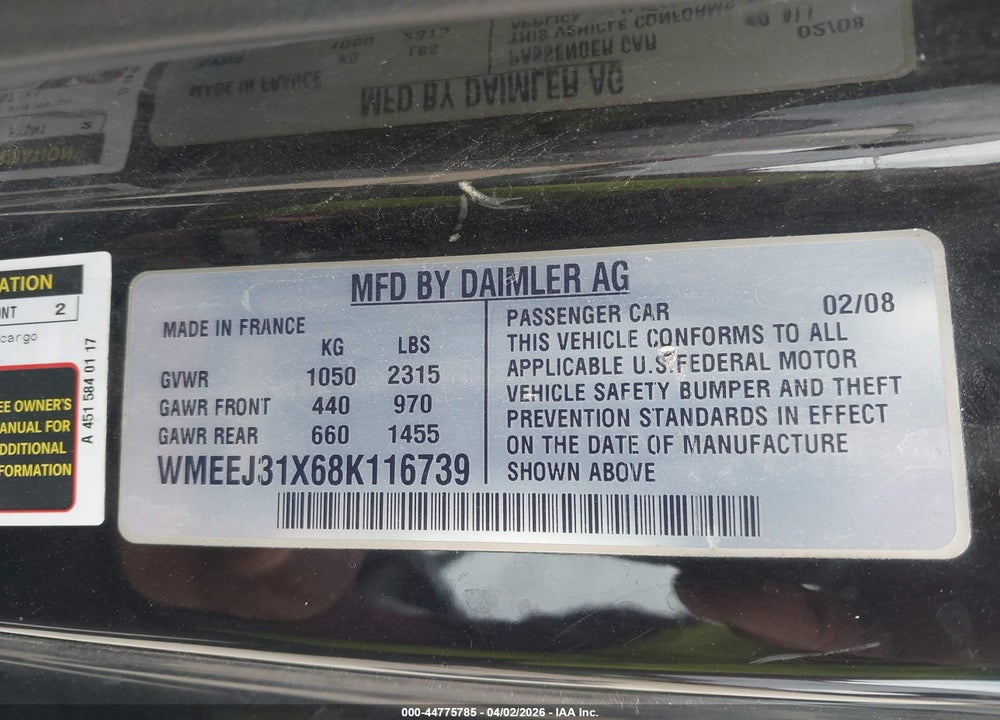 2008 SMART FORTWO PASSION/PURE VIN: WMEEJ31X68K116739