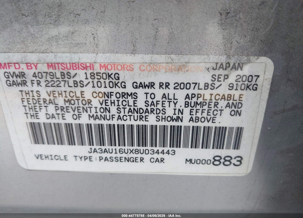 2008 MITSUBISHI LANCER DE VIN: JA3AU16UX8U034443