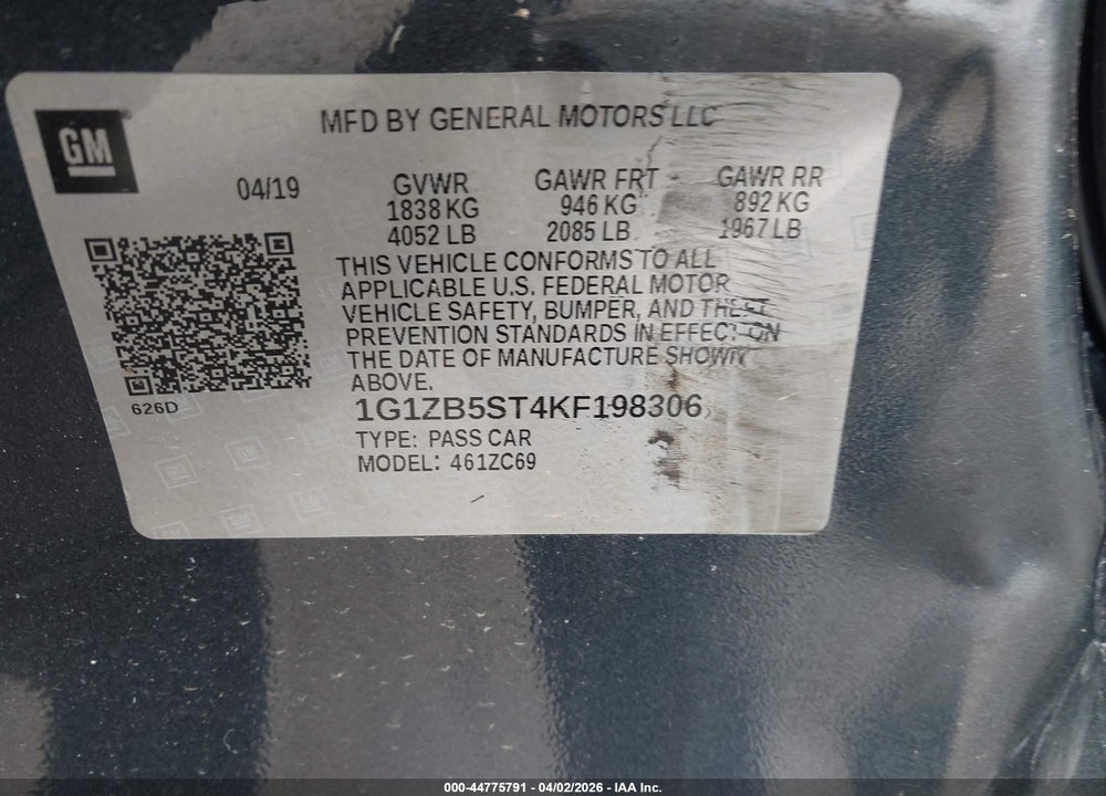 2019 CHEVROLET MALIBU 1LS VIN: 1G1ZB5ST4KF198306