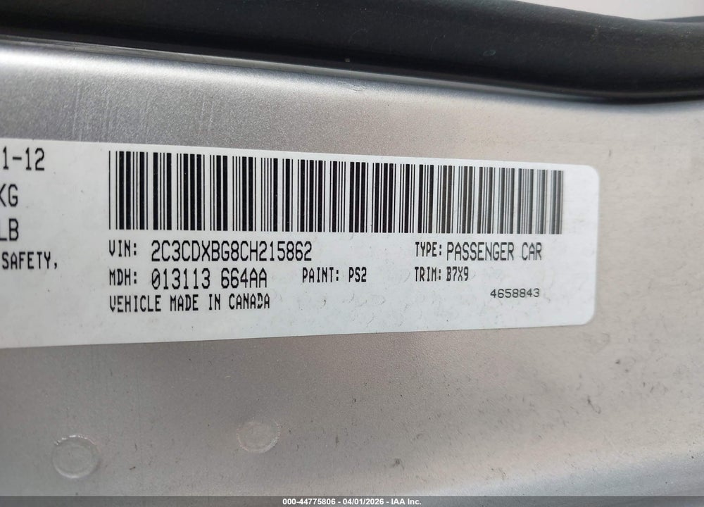 2012 DODGE CHARGER SE VIN: 2C3CDXBG8CH215862