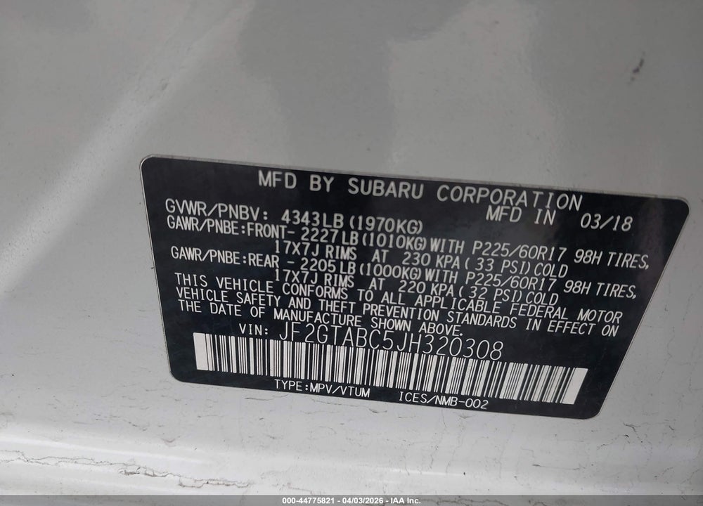 2018 SUBARU CROSSTREK 2.0I PREMIUM VIN: JF2GTABC5JH320308