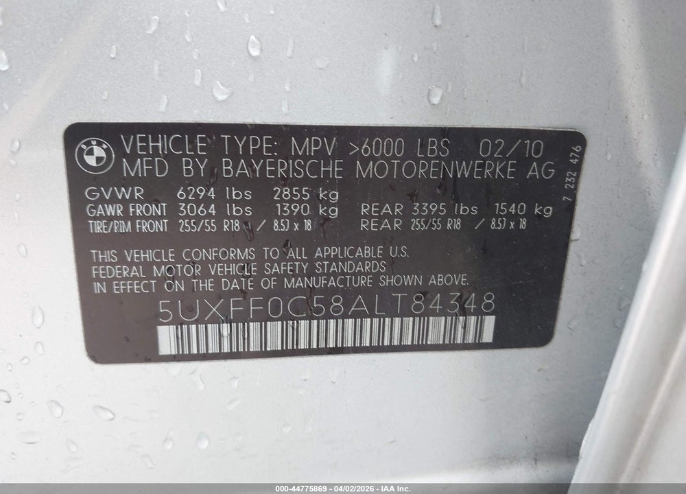 2010 BMW X5 XDRIVE35D VIN: 5UXFF0C58ALT84348