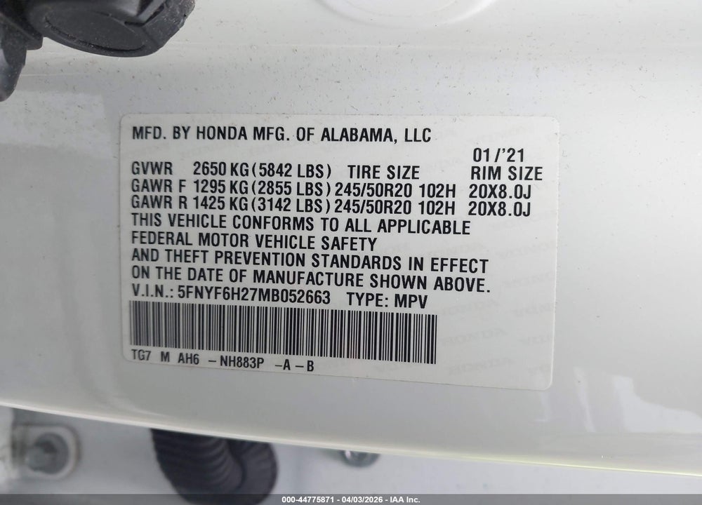 2021 HONDA PILOT AWD SPECIAL EDITION VIN: 5FNYF6H27MB052663