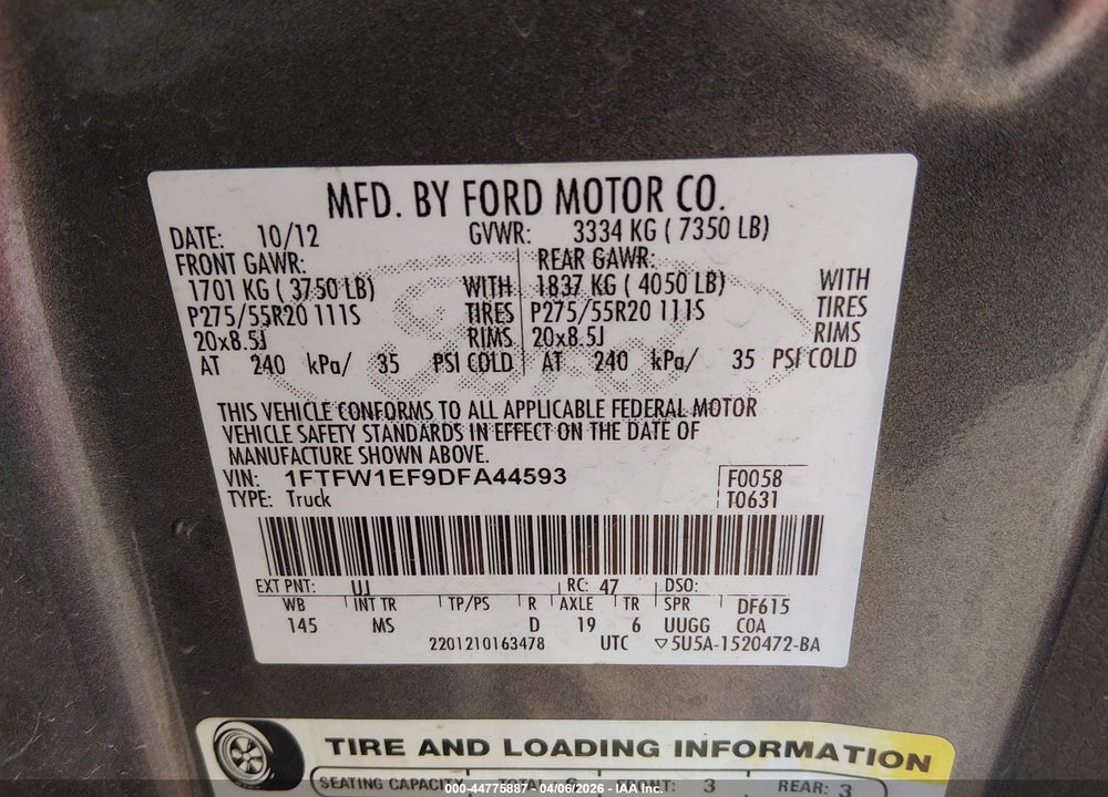 2013 FORD F-150 XL/XLT/FX4/LARIAT VIN: 1FTFW1EF9DFA44593