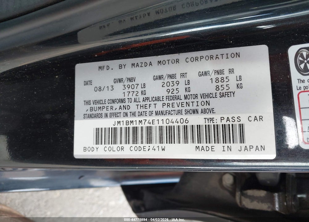 2014 MAZDA 3 I GRAND TOURING VIN: JM1BM1M74E1104406