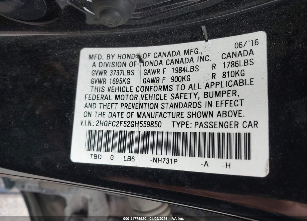 2016 HONDA CIVIC LX VIN: 2HGFC2F52GH559850