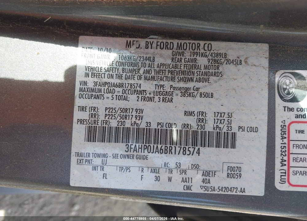 2011 FORD FUSION SEL VIN: 3FAHP0JA6BR178574