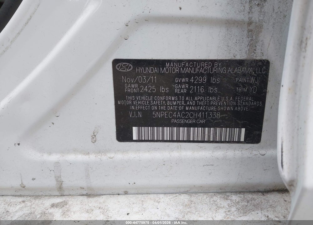 2012 HYUNDAI SONATA LIMITED VIN: 5NPEC4AC2CH411338
