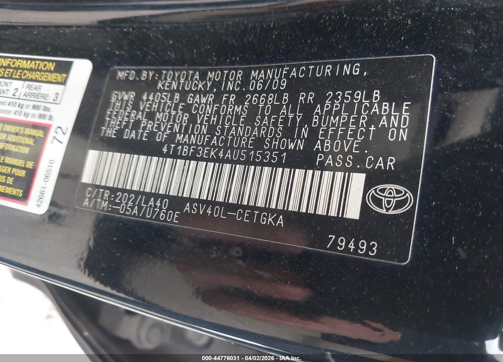 2010 TOYOTA CAMRY XLE VIN: 4T1BF3EK4AU515351