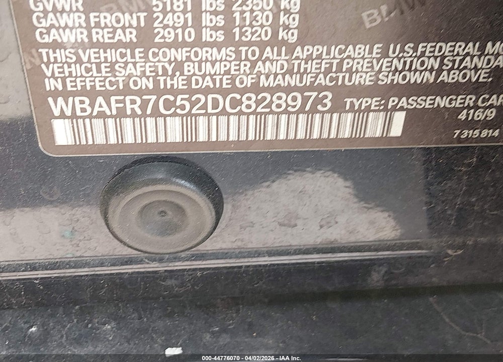 2013 BMW 535I VIN: WBAFR7C52DC828973