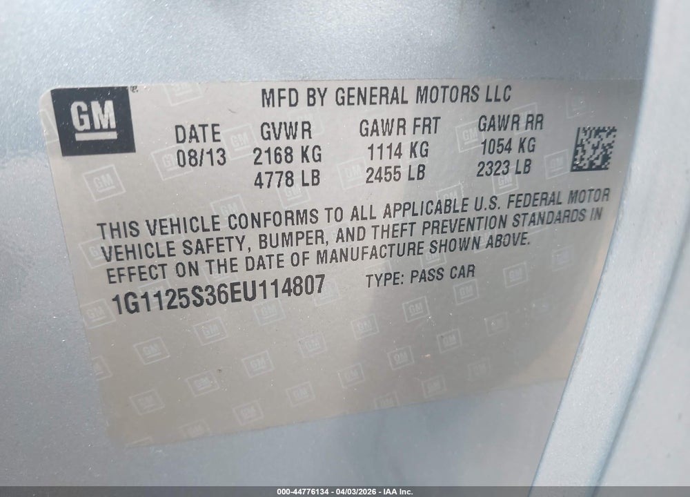2014 CHEVROLET IMPALA 2LT VIN: 1G1125S36EU114807