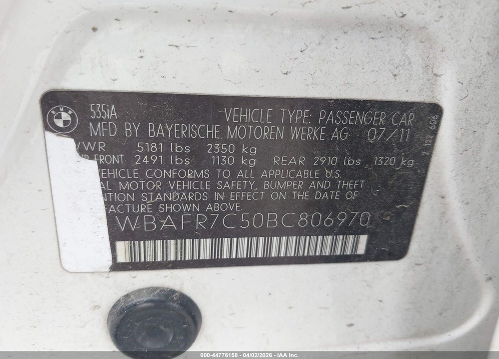 2011 BMW 535I VIN: WBAFR7C50BC806970