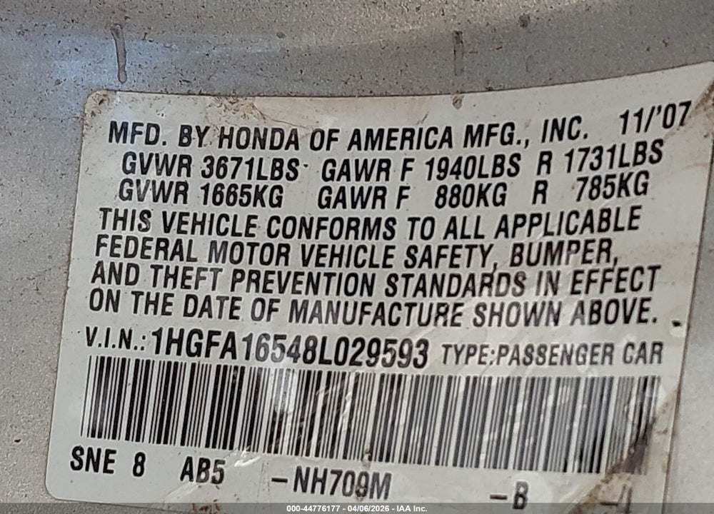 2008 HONDA CIVIC LX VIN: 1HGFA16548L029593