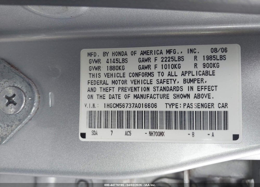 2007 HONDA ACCORD 2.4 EX VIN: 1HGCM56737A016606