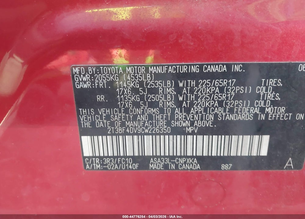 2012 TOYOTA RAV4 VIN: 2T3BF4DV9CW226350
