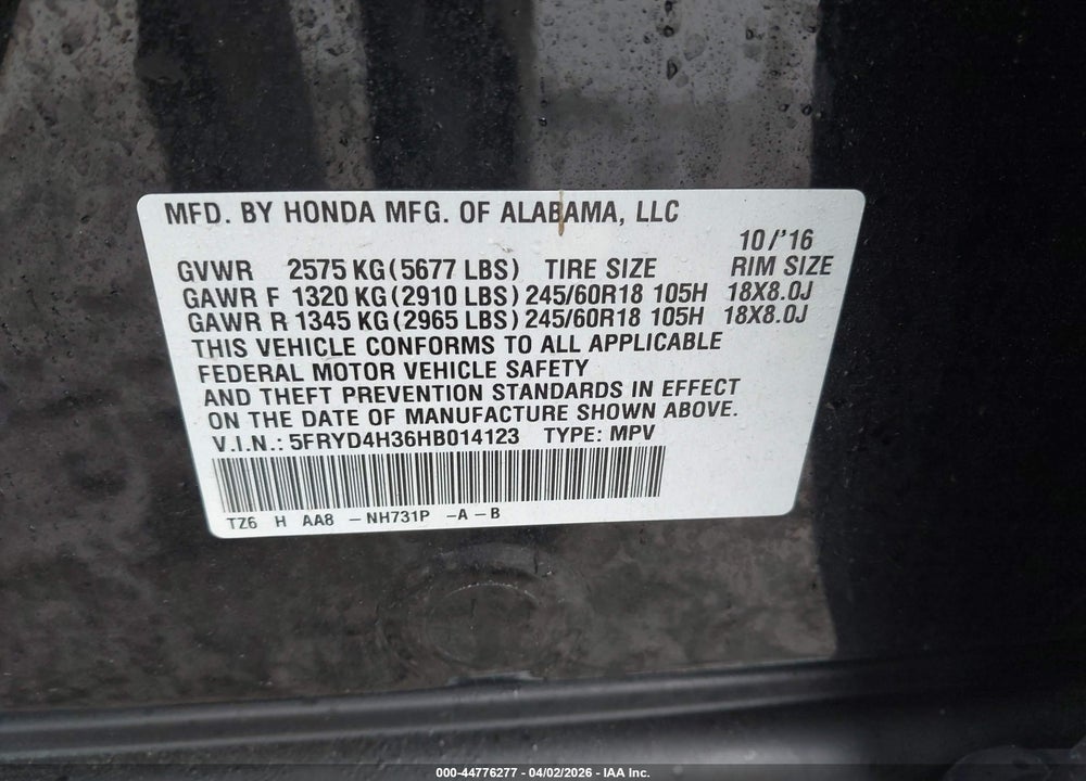 2017 ACURA MDX VIN: 5FRYD4H36HB014123
