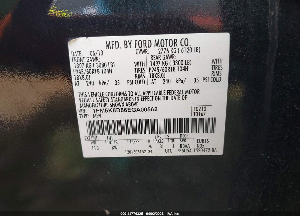 2014 FORD EXPLORER XLT VIN: 1FM5K8D86EGA00562