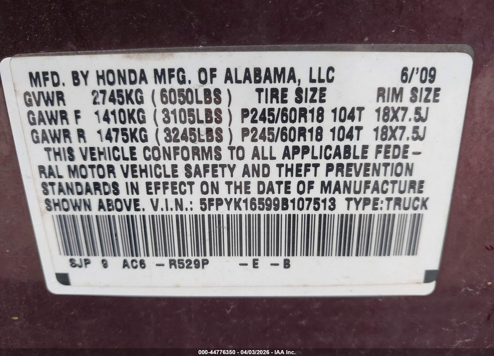 2009 HONDA RIDGELINE RTL VIN: 5FPYK16599B107513