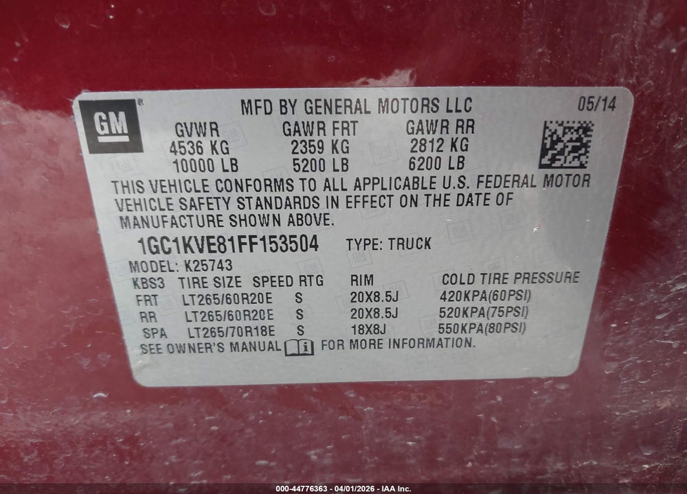 2015 CHEVROLET SILVERADO 2500HD LT VIN: 1GC1KVE81FF153504