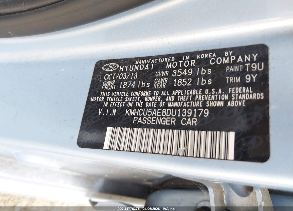 2013 HYUNDAI ACCENT SE VIN: KMHCU5AE8DU139179